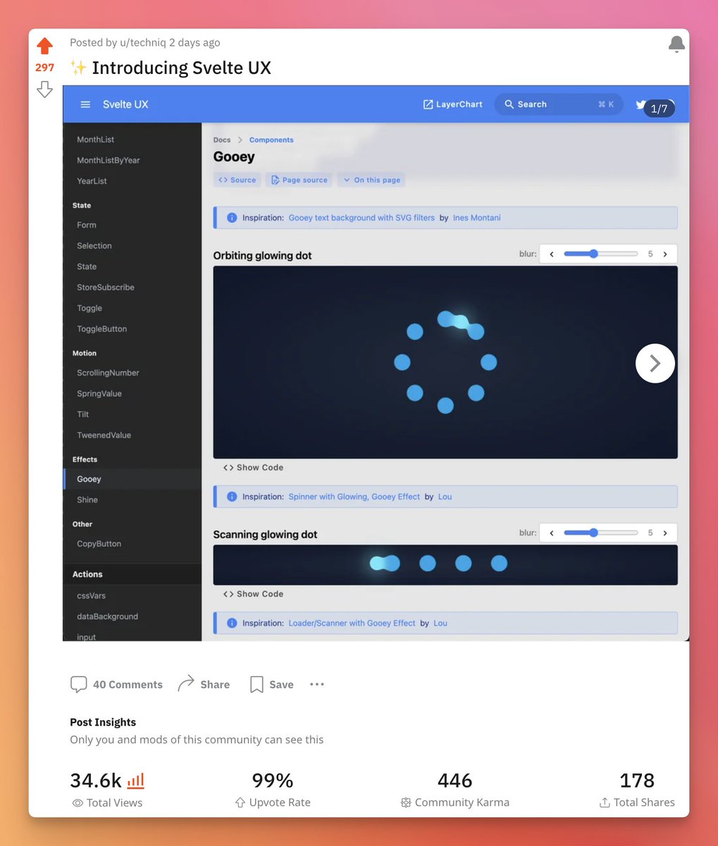 techniq35's tweet image. Blown away by the responses Svelte UX and @LayerChart received on @Reddit.  Already the 1st and 4th highest posts ▲ in /r/sveltejs for October and were only posted 2 and 3 days ago.  LayerChart is only about 10 upvotes from 2nd.

Reading all the positive comments and…