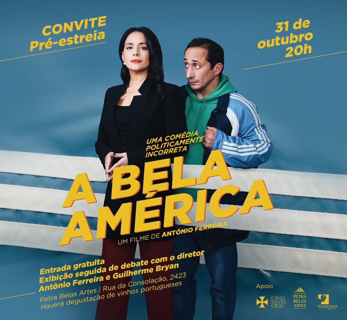 São Paulo. Hoje 31.10 tem pré-estreia do filme A BELA AMÉRICA no Cine Petra Belas Artes às 20h, seguido de debate com o diretor António Ferreira e Guilherme Bryan. A entrada é gratuita e haverá degustação de vinhos portugueses.

O filme arranca nas salas brasileiras a 2 de
