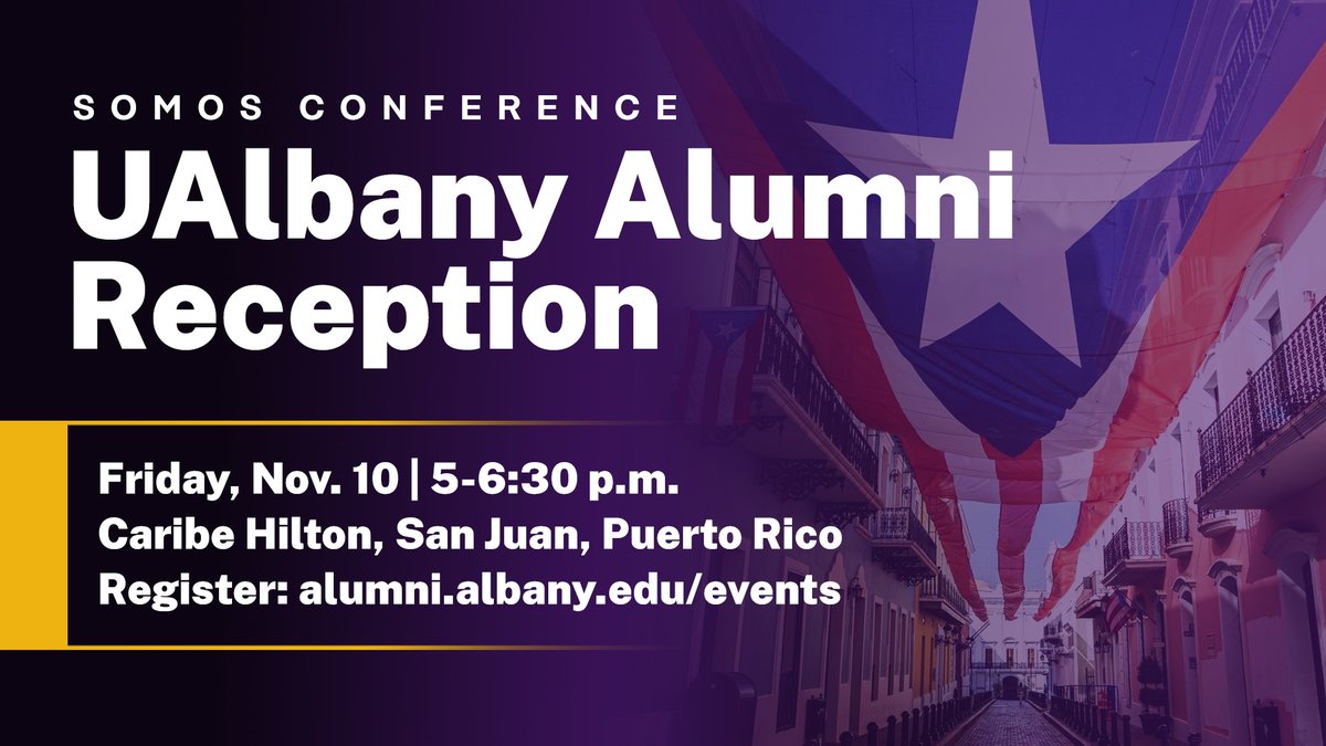 ualbanyalumni's tweet photo. Next month: Join @HavidanUAlbany for an alumni reception in Puerto Rico during the SOMOS Conference! Connect with fellow Great Danes Nov. 10, 5-6:30 p.m. at Caribe Hilton. 

Reception is free, but let us know if you're planning to attend: https://t.co/qBAa7VcB15 https://t.co/DrRCBFsZ1x