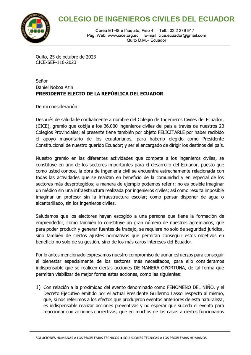 cicecuador's tweet photo. El Colegio de Ingenieros Civiles del Ecuador, desea aunar esfuerzos con el Presidente electo @DanielNoboaOk, para conseguir el bienestar de los ciudadanos, por lo que es indispensable realizar acciones de manera oportuna, como las siguientes: ... https://t.co/MT7brNfvsp