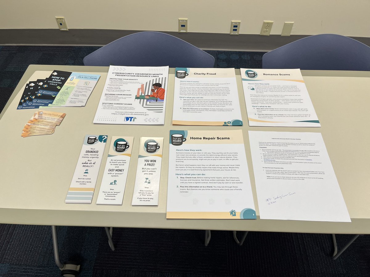 Join us at the Bear Library from 10:30-11:30 today to learn how to spot current scams. #netde #CyberAwareDelaware