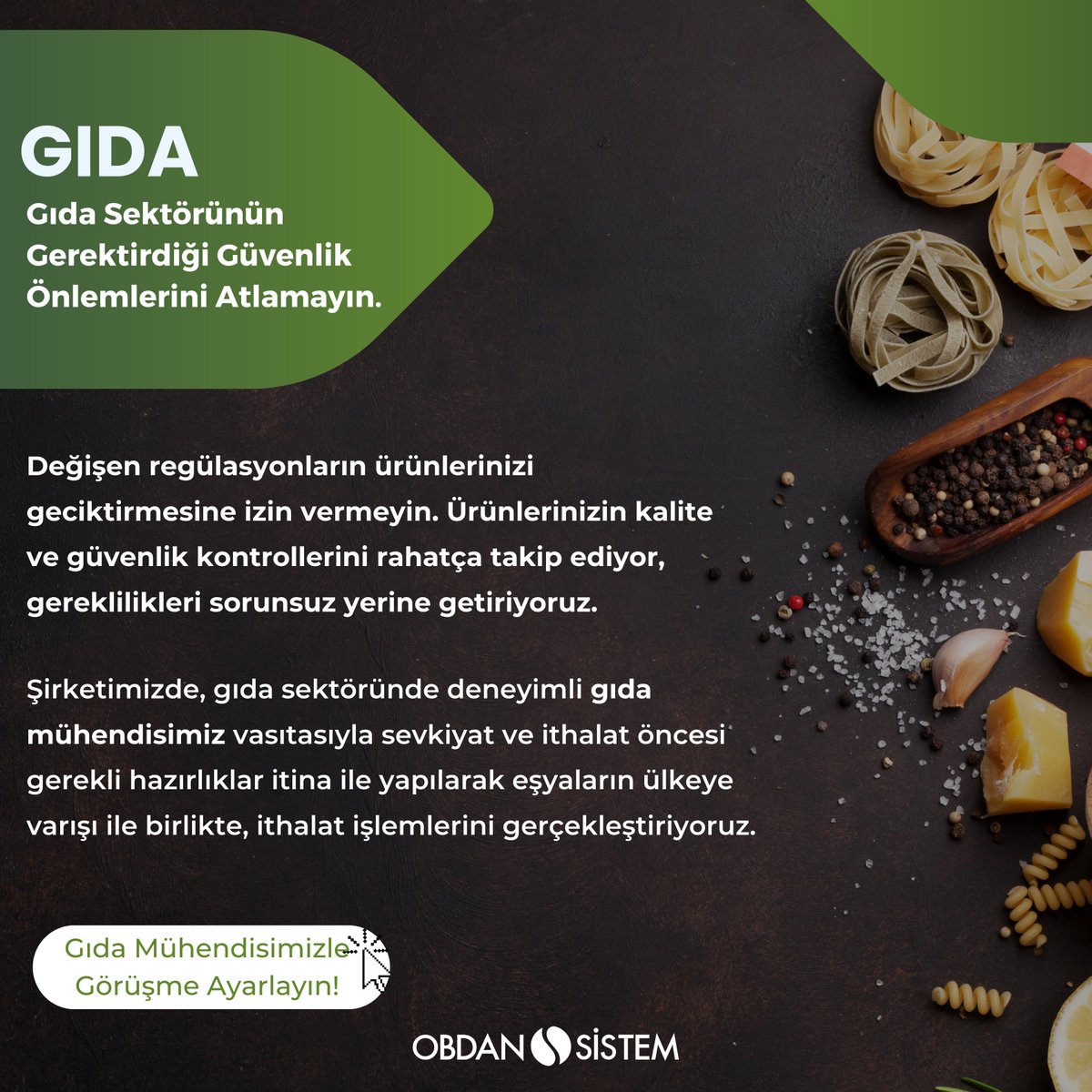Şirketimizde, gıda sektöründe deneyimli gıda mühendisimiz vasıtasıyla sevkiyat ve ithalat öncesi gerekli hazırlıklar itina ile yapılarak eşyaların ülkeye varışı ile birlikte, ithalat işlemlerini gerçekleştiriyoruz.

Gıda Mühendisimizle Görüşme Ayarlayın!

 #gıda #obdansistem