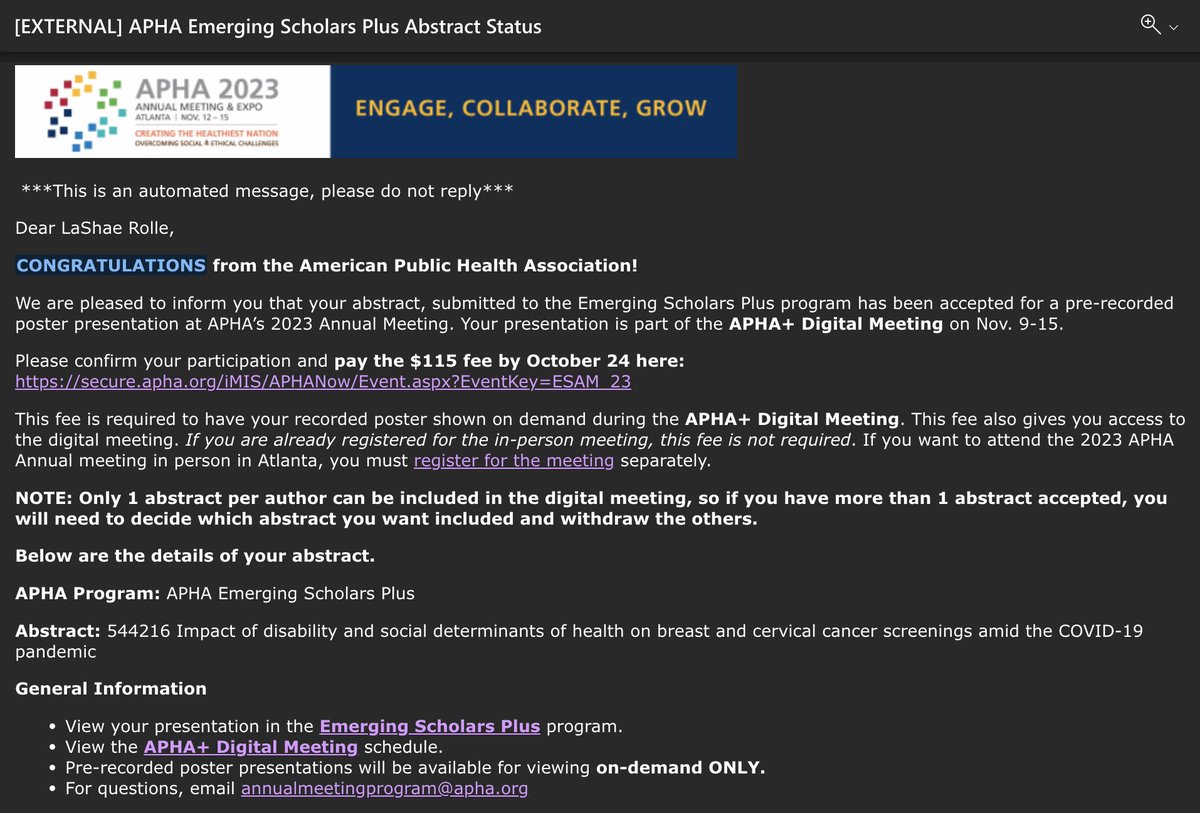 Excited to share that I have been selected for the APHA Emerging Scholars Plus program! My pre-recorded presentation will be featured in the APHA+ Digital Meeting. It will be available to watch from 11/9-15. Do not miss it! 🌟 Thanks for the support! #APHA2023 #EmergingScholars