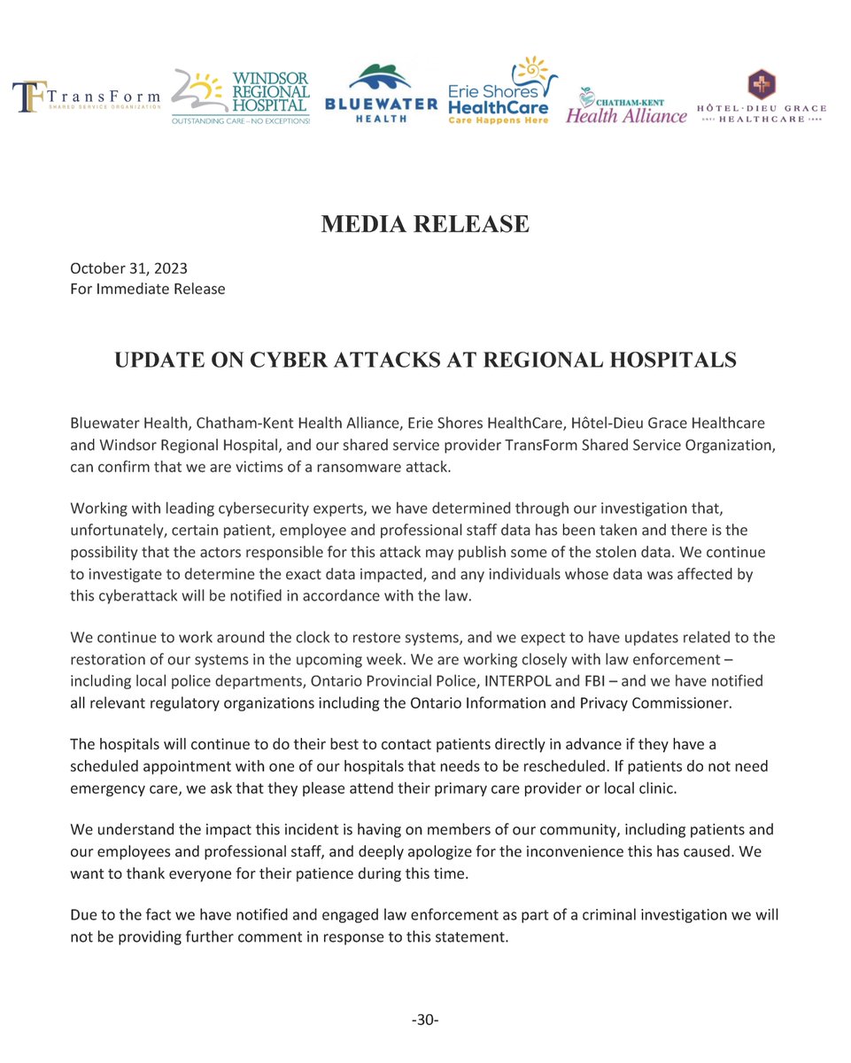 Please see the latest update regarding the regional cyber attack impacting our hospital operations. We appreciate your patience as we continue to work through this incident.