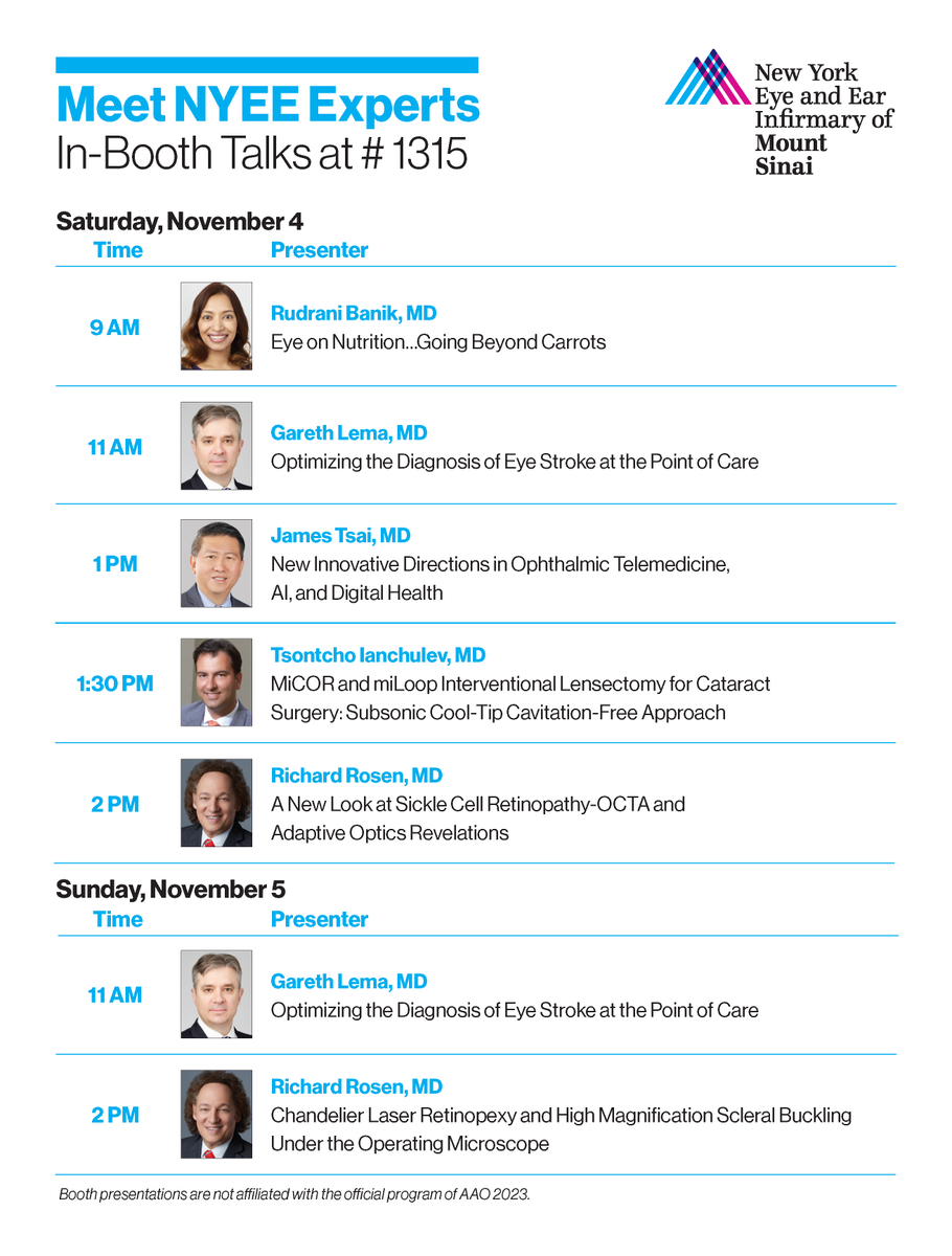 NYEEResidency's tweet photo. Attending the 2023 AAO annual meeting in San Francisco in person? We look forward to seeing you at the conference and invite you to visit NYEE's Booth #1315 in the Exhibit Hall to say hello, grab a bag of popcorn, and to join our in-booth talks on November 4 and 5. #aao2023 #nyee https://t.co/xfRyFWu37R