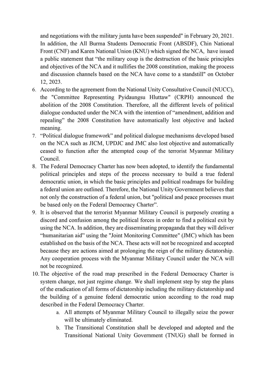 NUGMyanmar's tweet photo. The Republic of the Union of Myanmar
National Unity Government
Statement (10/2023)
https://t.co/zmJoKHkhWg
(October 31, 2023)
The National Unity Government's (NUG) Policy Statement on the Nationwide Ceasefire Agreement (NCA)

#WhatsHappeninglnMyanmar https://t.co/71R3GCYaX1