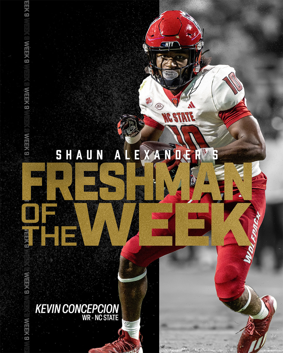 Congrats Kevin Concepcion WR, North Carolina State! @Kcthekid2 is this week’s Shaun Alexander Freshman Player of the Week! S/o @DangeRussWilson @AllHands81 #PhilipRivers @PackFootball #FPOY #AlexanderAward #PrinceOfCollegeFootball #CarrytheCoin #FinishTheGame @MaxwellFootball