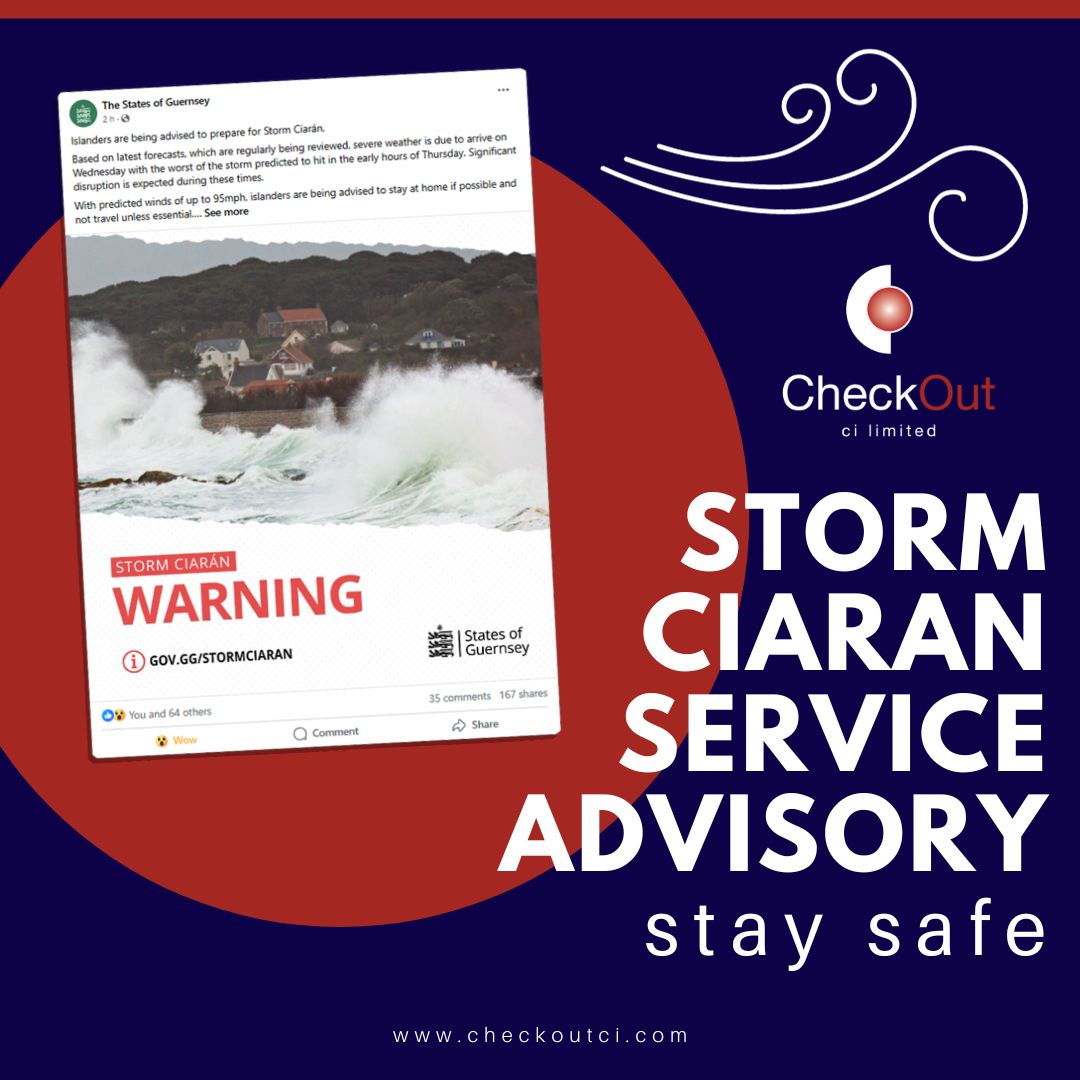 CheckOutCI's tweet image. It is recommended to order any consumables today. Only emergency service callouts will be available. More info buff.ly/49egJaJ. 

support@checkoutci.com
01481 716307 leave a message at 

Take care and #staysafe, the CheckOut Team.

#CheckOutCI #ePos #StormCiaran