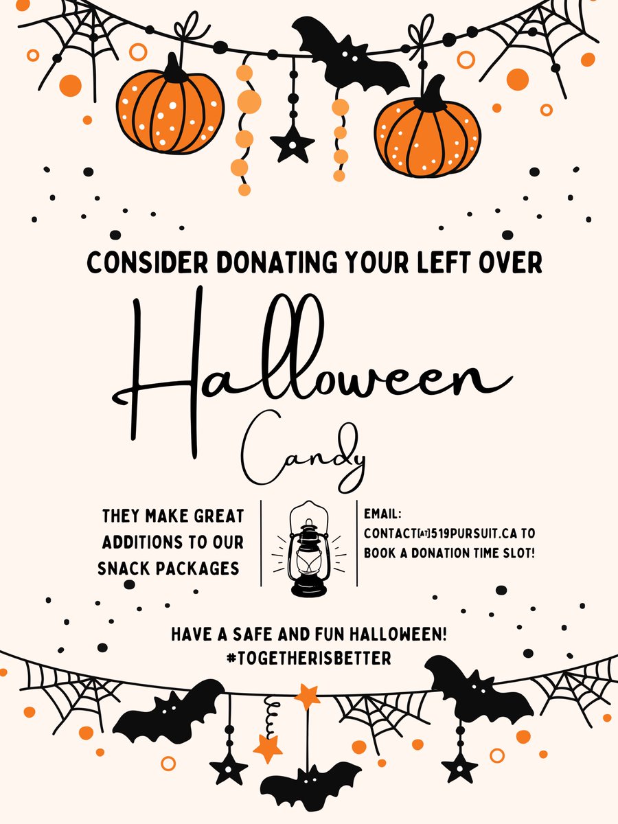 Have a safe and happy Halloween! 🎃

Send an email to contact@519pursuit.ca if you have left over goodies to donate!

#Togetherisbetter