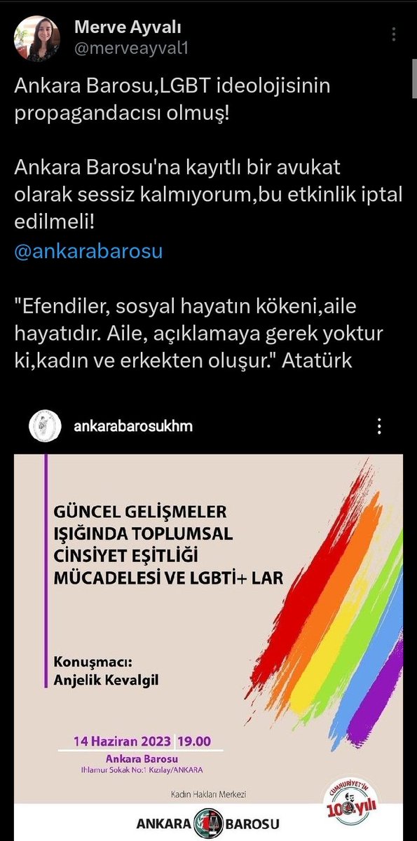 1- LGBT etkinliğine tepki gösterdiğim için Ankara Barosu Yönetim Kurulu tarafından, Çocuk Hakları Merkezi Başkan Yardımcılığı görevinden alındım. Çocuk Hakları ve Kadın Hakları Merkezi üyeliklerinden çıkarıldım. Hakkımda disiplin kovuşturması başlatıldı.