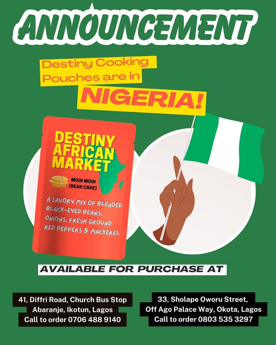 We are excited to announce that Destiny African Market Moin Moin Cooking Pouches are now available for purchase in Nigeria! Our convenient moin moin pouches make it easy to enjoy this traditional dish with no wahala. 

#NaijaFoodie #Naija #Nigeria #NigerianFood #MoiMoi #MoinMoin