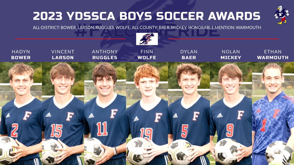 2023 Youngstown District Scholastic Soccer Coaches Association postseason awards:

All-District Team:
Hadyn Bower
Vincent Larson
Anthony Ruggles
Finn Wolfe

All-County Team:
Dylan Baer
Nolan Mickey

All-County Honorable Mention:
Ethan Warmouth

#FalconPride