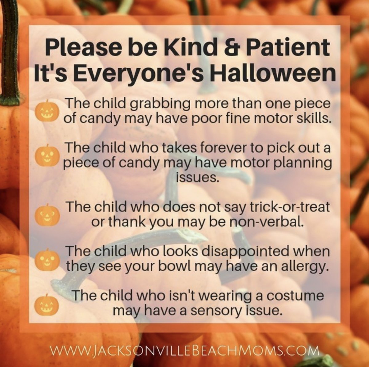 I loved this message and wanted to give a shoutout to @JaxBeachMoms for this important #Halloween reminder! Today, let's remember to be inclusive of every trick-or-treater. By understanding each child's unique needs, we can help make this holiday fun for all across our community.