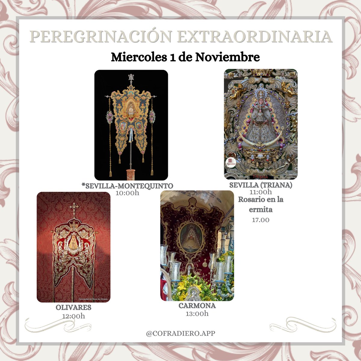 EL ROCÍO | Mañana viviremos la peregrinaciones extraordinarias de: <a href="/HdadMontequinto/">H. Rocio Montequinto</a> , <a href="/rociodetriana/">Hdad Rocío de Triana</a> , <a href="/RociodeOlivares/">Hdad Rocío de Olivares</a> y @HdRocioCarmona 

<a href="/hdadmatrizrocio/">Hermandad Matriz Almonte</a> 

#huelvacofradiera #ELCOFRADIERO #TDSCofrade