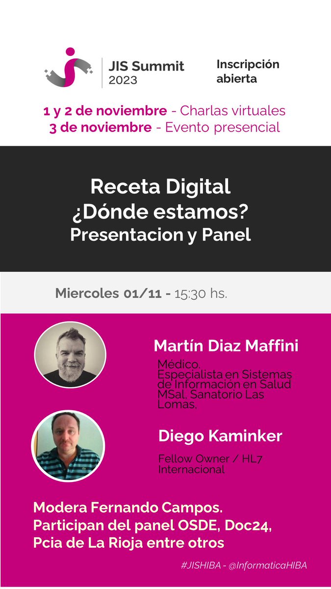 Fernando Campos (@fernandoacampos) on Twitter photo RECETA DIGITAL EN ARGENTINA !!!! Miercoles 1/11 15:30 hs. El Ministerio de Salud y HL7 Argentina presentan este panel para conocer el estado actual. Panel de experiencias, preguntas. tinyurl.com/ymt7khcr
#JISHIBA #recetadigital #FHIR <a href="/HL7Argentina/">HL7 Argentina</a> <a href="/HL7/">HL7 International</a> <a href="/informaticaHIBA/">Informática en Salud - Hospital Italiano</a> RECETA DIGITAL EN ARGENTINA !!!! Miercoles 1/11 15:30 hs. El Ministerio de Salud y HL7 Argentina presentan este panel para conocer el estado actual. Panel de experiencias, preguntas. tinyurl.com/ymt7khcr
#JISHIBA #recetadigital #FHIR <a href="/HL7Argentina/">HL7 Argentina</a> <a href="/HL7/">HL7 International</a> <a href="/informaticaHIBA/">Informática en Salud - Hospital Italiano</a>
