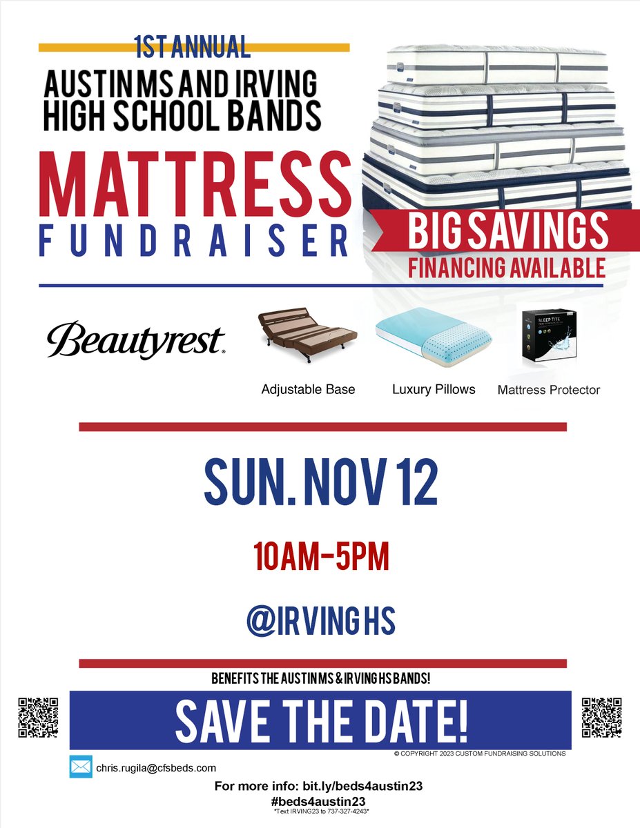 Mark your calendar for the 1st Annual <a href="/IrvingBand/">Irving Band</a> &amp; <a href="/Austin_Broncos/">Austin Middle School</a> Band #MattressFundraiser on Sunday, November 12th. Spread the news, <a href="/IrvingHigh/">Irving High School</a> <a href="/IrvingISD/">Irving ISD</a> <a href="/FineArts_AMS/">Austin MS Fine Arts Department</a>! #beds4irving23 #beds4austin23