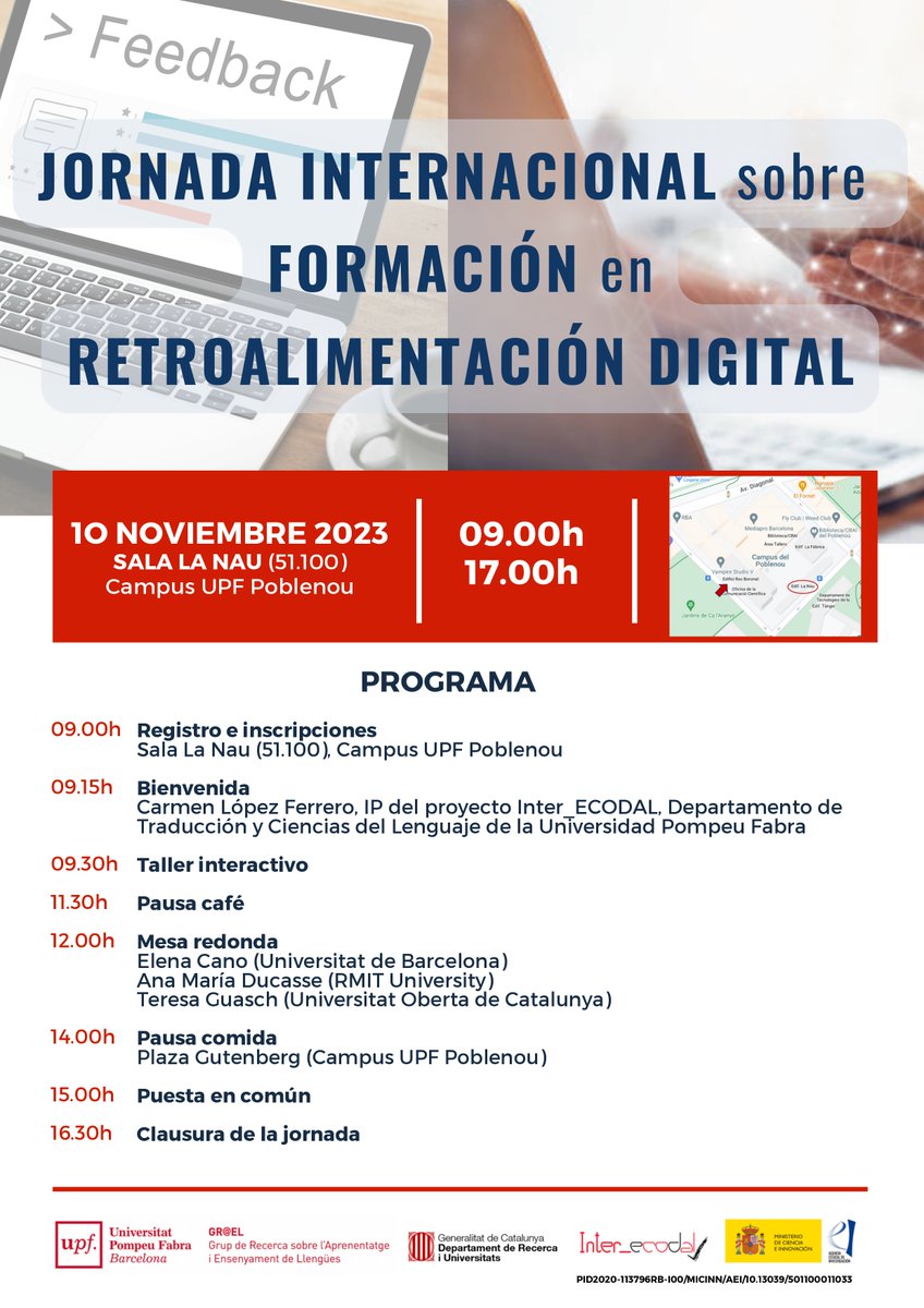 ¿Eres docente o estudiante de lenguas? ¿Cómo te relacionas con la retroalimentación digital?
Ven a la Jornada internacional sobre formación en retroalimentación digital (e-feedback literacy)
🗓️10/11/2023
⏲️ 9:00h
📍La Nau (51.100) UPF Poblenou
Inscripción: forms.gle/JZhDPizBatymvo…
