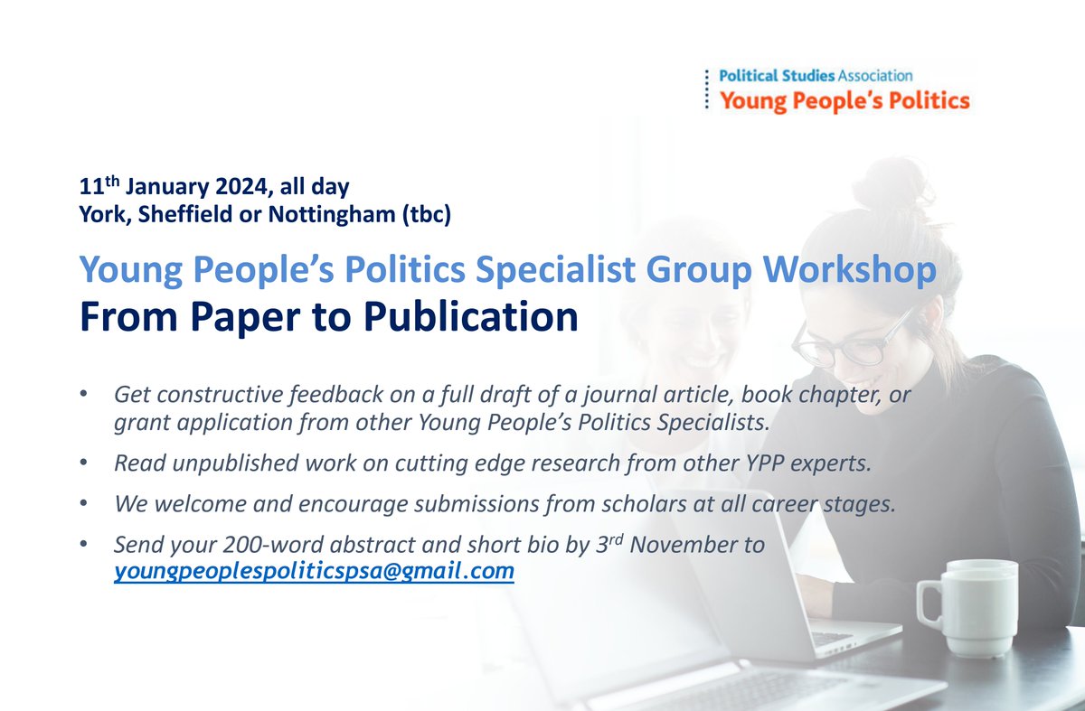 📣Join us on 11th January 2024 for our From Paper to Publication Workshop

🙋‍♀️Get feedback on a draft journal article, book chapter, or grant application from other Young People's Politics experts

📩Send us your abstracts by 3rd November!

More info 👉psa.ac.uk/specialist-gro…