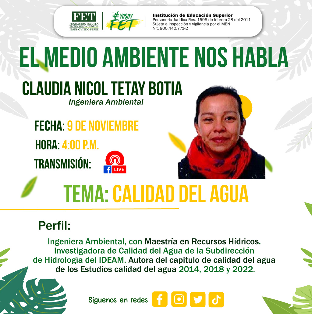 yosoyfet's tweet photo. Ha llegado el momento de transmitir la quinta y última conferencia de la serie ‘El Medio Ambiente Nos Habla’. Estará a cargo de la ingeniera ambiental Claudia Nicol Tetay, quien nos hablará sobre la calidad del agua.

Los esperamos el próximo jueves 9 de octubre. https://t.co/FRNMjY0d3z
