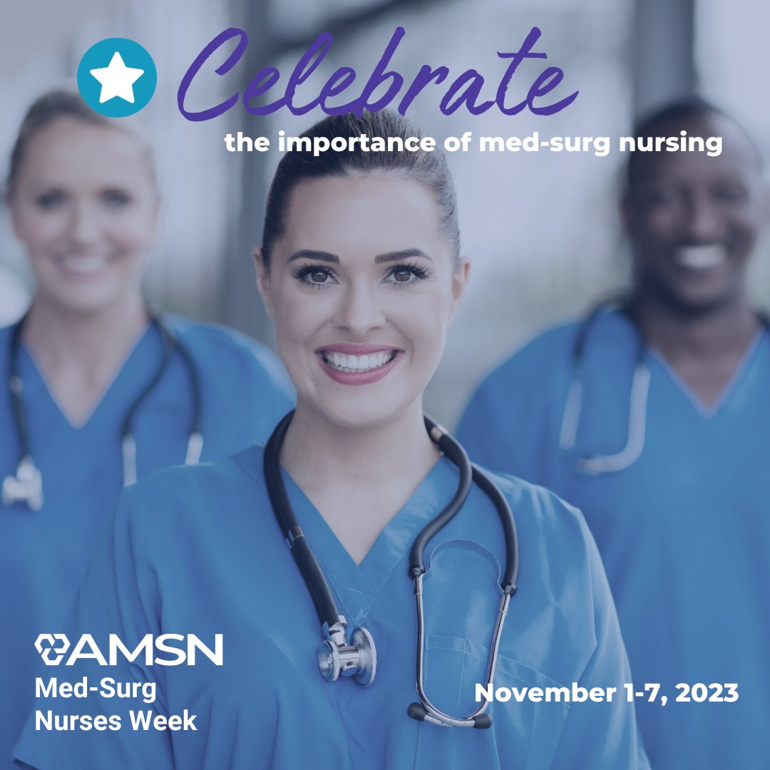 Medical-Surgical Nurses Week starts tomorrow! Share your passion for med-surg nursing by using the hashtag #MSNW23 on your personal platforms. Find more celebration ideas on our page: bit.ly/46XKPx2 🎉