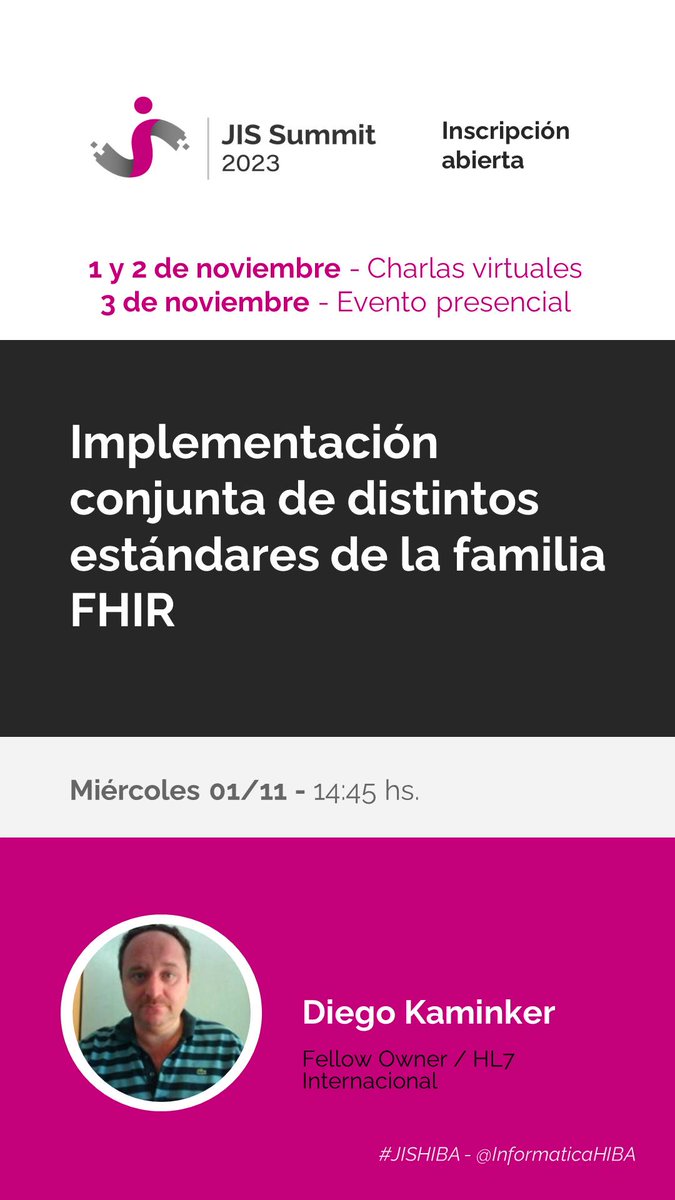 Fernando Campos (@fernandoacampos) on Twitter photo Miercoles 1/11 14:45 Diego Kaminker presenta la experiencia de implementar varios estándares de la familia de FHIR en un mismo proyecto. tinyurl.com/ymt7khcr
#JISHIBA #saluddigital #sistemasdeinformación #interoperabilidad #InfomedHIBA #FHIR <a href="/HL7Argentina/">HL7 Argentina</a> <a href="/HL7/">HL7 International</a> <a href="/informaticaHIBA/">Informática en Salud - Hospital Italiano</a> Miercoles 1/11 14:45 Diego Kaminker presenta la experiencia de implementar varios estándares de la familia de FHIR en un mismo proyecto. tinyurl.com/ymt7khcr
#JISHIBA #saluddigital #sistemasdeinformación #interoperabilidad #InfomedHIBA #FHIR <a href="/HL7Argentina/">HL7 Argentina</a> <a href="/HL7/">HL7 International</a> <a href="/informaticaHIBA/">Informática en Salud - Hospital Italiano</a>