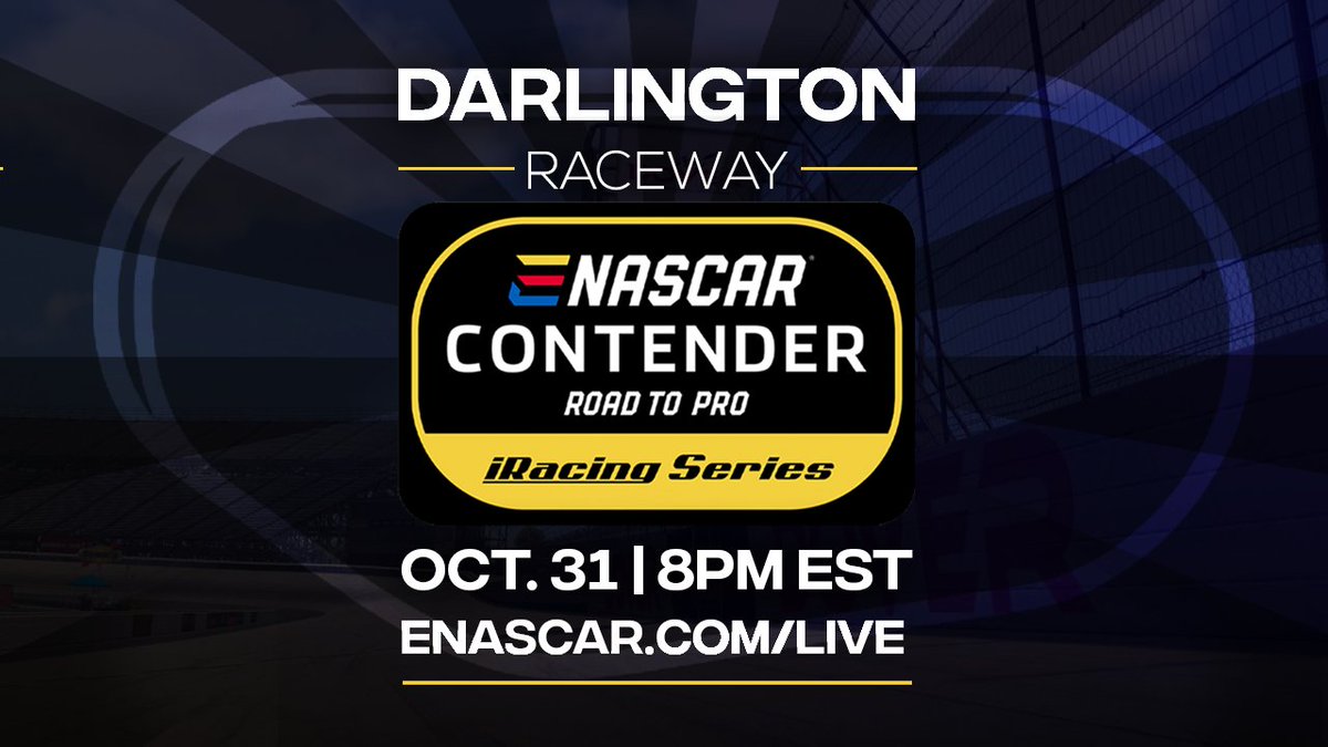 It’s eNASCAR Contender <a href="/iRacing/">iRacing</a> Series Raceday at <a href="/TooToughToTame/">Darlington Raceway</a>!🏁

Get ready for a night of high-speed chills and thrills as the Contender Series drivers face the race on the Lady in Black! 

Live at 8PM ET: enascar.com/live