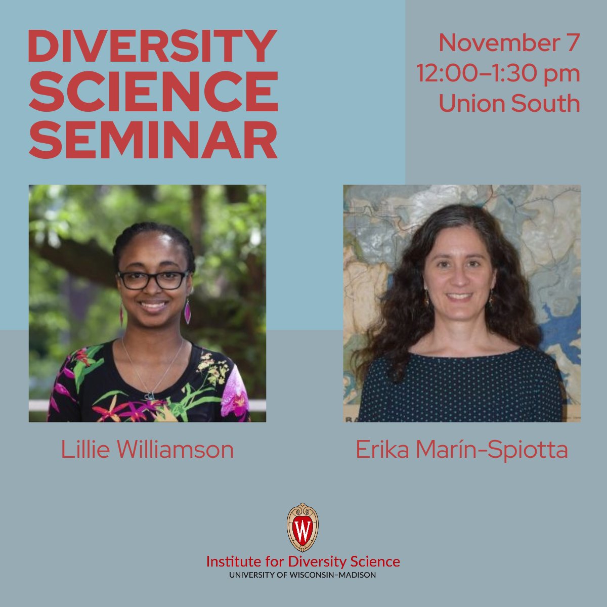 Join us on Nov. 7th for a seminar with  <a href="/DrLDWilliamson/">Lillie D. Williamson</a> and @emsaurios. 

Dr. Williamson will discuss her work on medical mistrust and Dr. Marín-Spiotta will talk about barriers to retention in STEM. 

12:00–1:30 pm @ Union South. Refreshments after. 

ids.wisc.edu/events/2023-id…