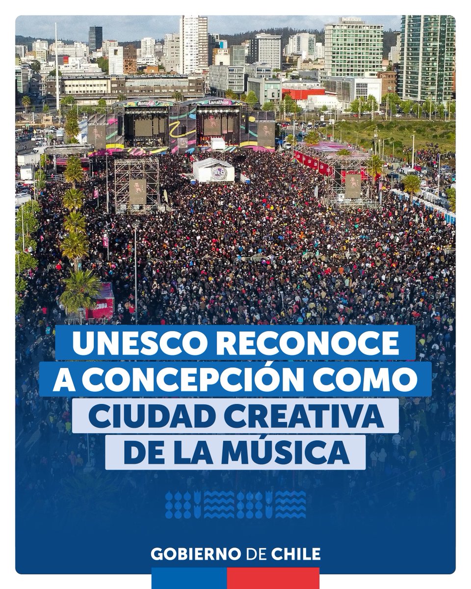 GobiernodeChile's tweet photo. ¡Desde hoy los acordes de Concepción sonarán más fuertes en todo el mundo! 🎸

En el Día Mundial de las Ciudades, la UNESCO reconoció a la capital de la región del Biobío como una de las 55 nuevas integrantes de la Red de Ciudades Creativas 👏 https://t.co/2CulHFmmyC