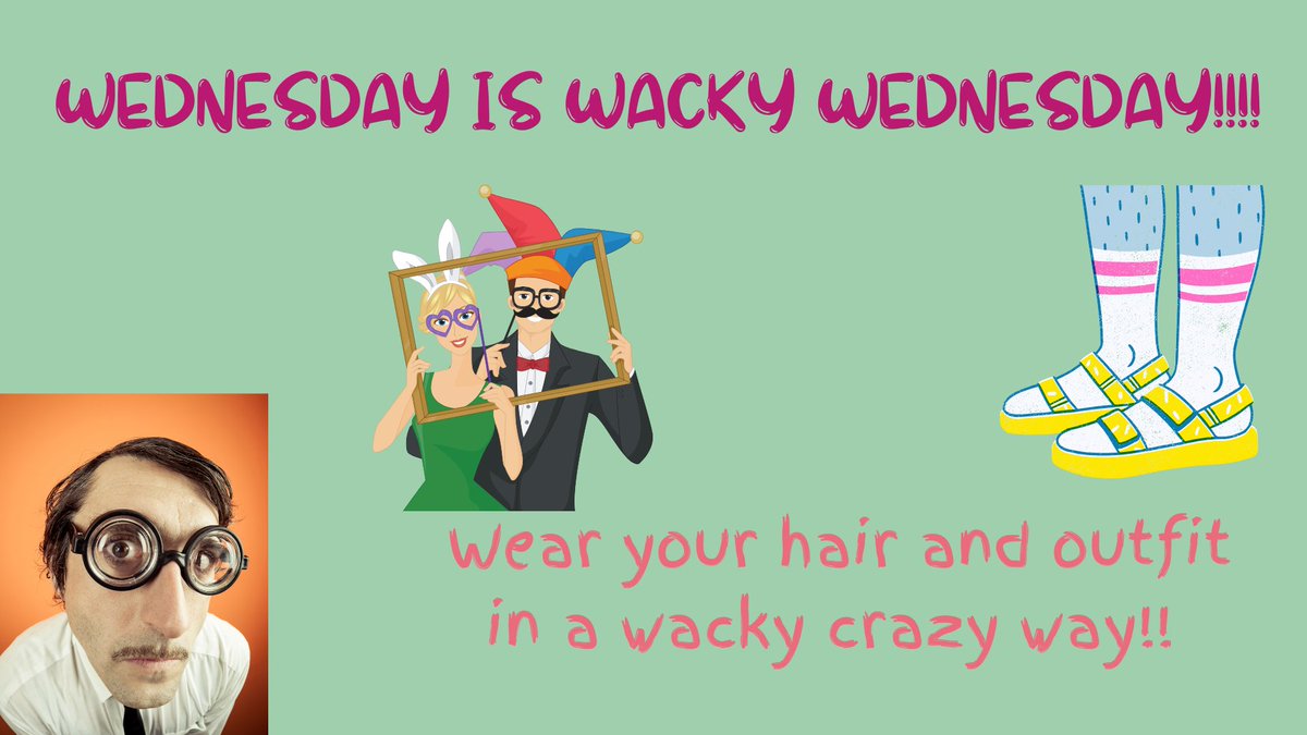 Tomorrow is Wacky Wednesday! Let's see some mismatched socks, inside-out clothes, or even crazy hair! Let the fun begin!🎉👕🤪