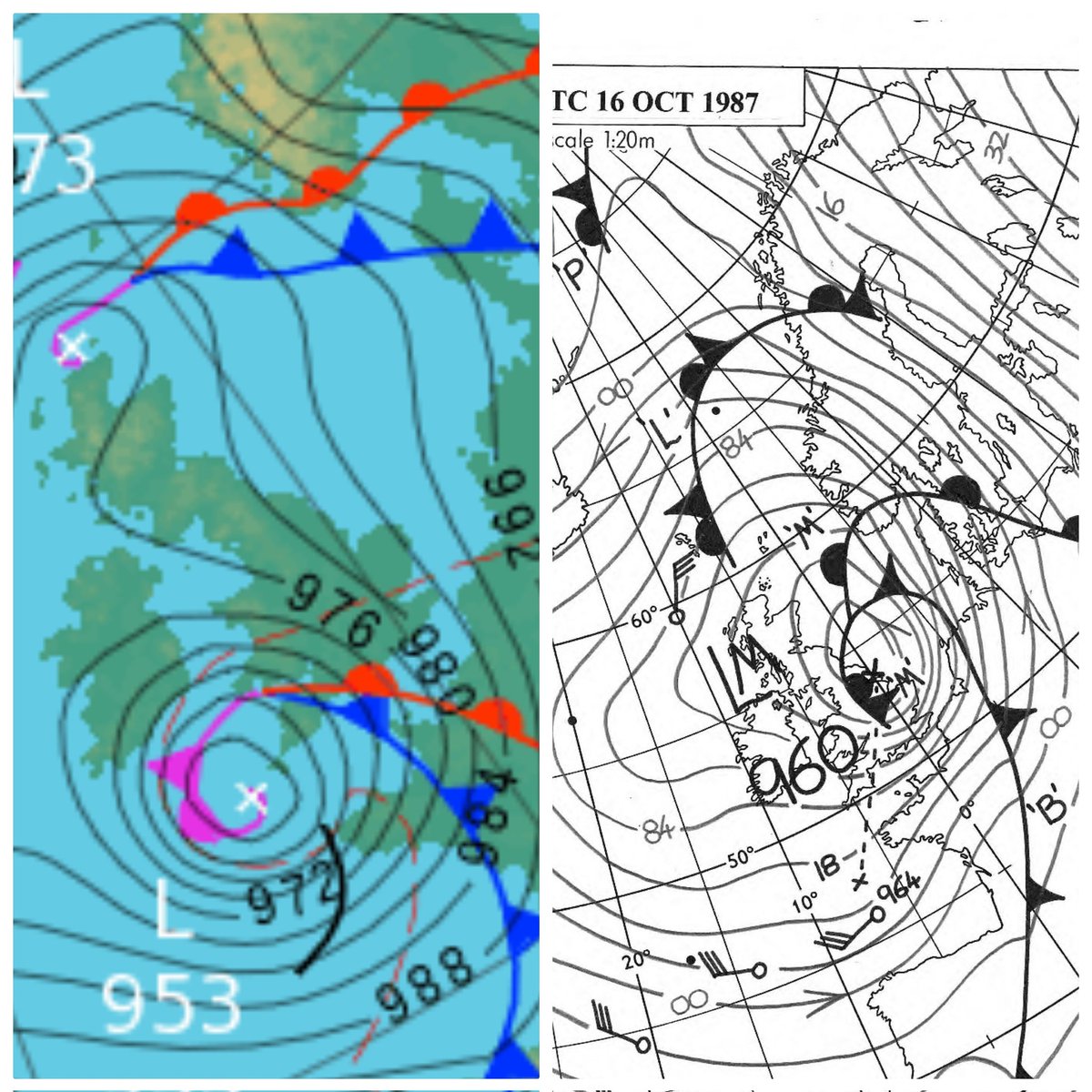 Left image is #StormCiarán and the right image is the great storm of 87..
