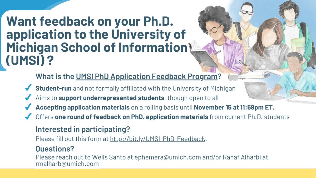 Please help us boost our newly launched @UMSI PhD Application Feedback Program! This student-run program aims to support underrepresented applicants to our PhD program. Accepting submissions until November 15. Sign-up at bit.ly/UMSI-PhD-Feedb…!