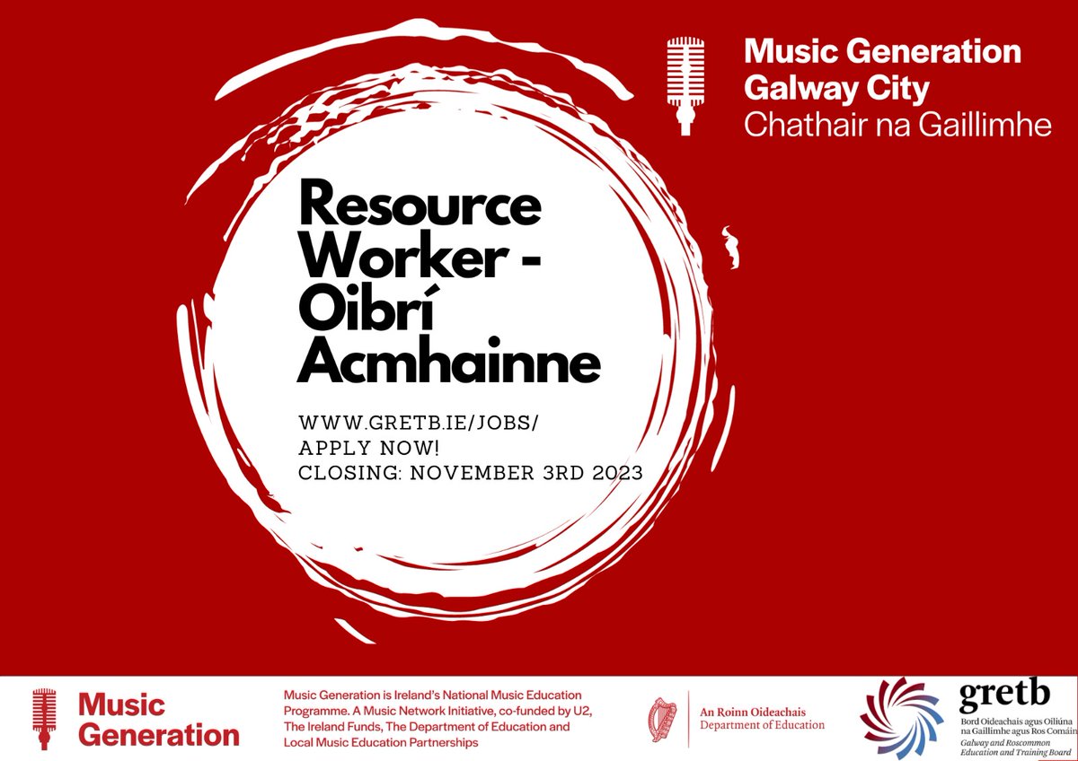 Last chance to apply ..application closing soon. If you have experience in events management, arts administration and communications come support us to sustain the wonderful Music Generation programme locally @GRETBOfficial @GalwayCityCo @MGGalwaycity @uniofgalway @ATU_GalwayCity