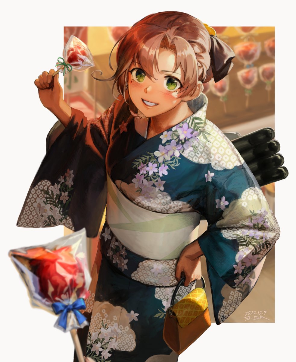 akigumo (kancolle) 1girl japanese clothes kimono brown hair solo green eyes long hair  illustration images