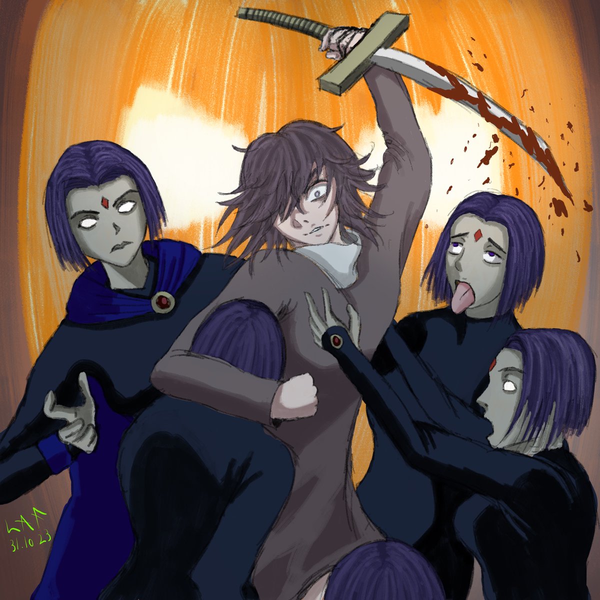 LAFsketches's tweet photo. Happy Halloween!
Celeste vs a lot of Raven's from Teen Titans...or is it just E-Girls cosplaying? 

Comment and tell me if you see any of the references.
#spookymonth #fanart #rkgk #Halloween2023 https://t.co/lb1yxBKOlb