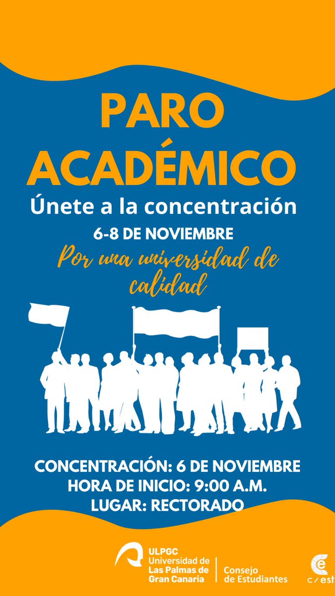 🔴 CONVOCATORIA DE PARO ACADÉMICO‼️

Por una Universidad de calidad, por nuestros derechos ✊🏼

📆 Del 6 al 8 de noviembre 
👥 Concentración el 6 de noviembre a las 9:00 en el Rectorado 

⬇️