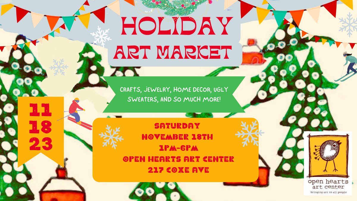 OpenHeartsArt's tweet photo. Mark your calendars! ✨OHAC's annual holiday art market is Saturday, November 18th! 🕯️
#asheville #nonprofit #ashevilleartists #artisforeveryone #differentlyabled #morealikethandifferent #ashevilleart #ashevilleartist #holiday #artmarket #downtownasheville https://t.co/jYQmI3j729