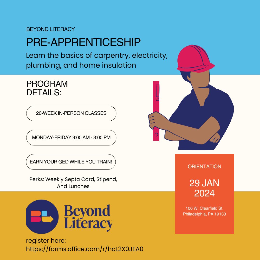 Beyond Literacy is recruiting for their pre-apprenticeship program, where you can learn the basics of #carpentry, #electricity, #plumbing and #homeinsulation. The program starts January 29, 2024, and lasts 20 weeks. Please follow this link to register: forms.office.com/r/hcL2X0JEA0