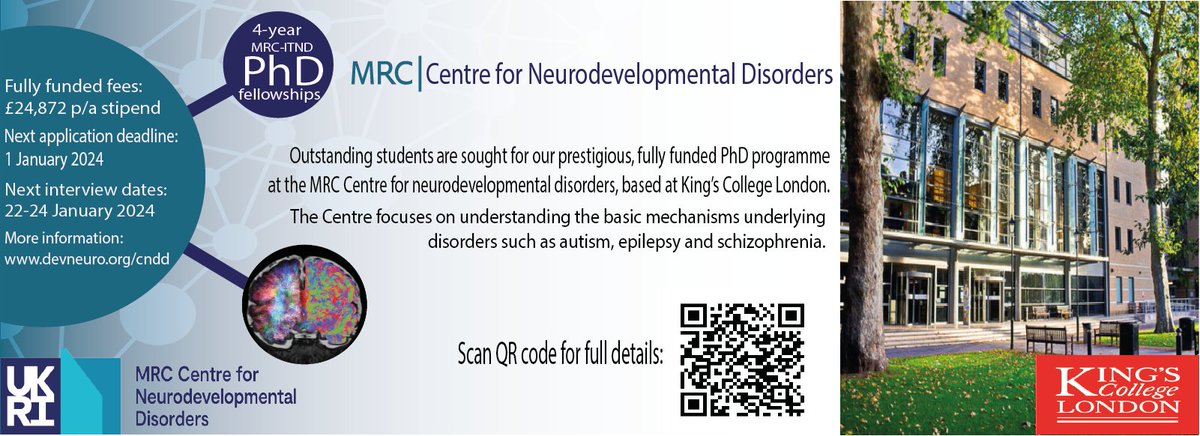 Just opened! 1+3 years, fully funded @The_MRC #PhD fellowships in #neurodevelopmental disorders #neuroscience @MRC_CNDD @KingsIoPPN. Enhanced stipend, deadline 1st Jan 2024. Info and link to application: devneuro.org/cndd/phd-fello… Afraid UKRI Home students only. Please RT!