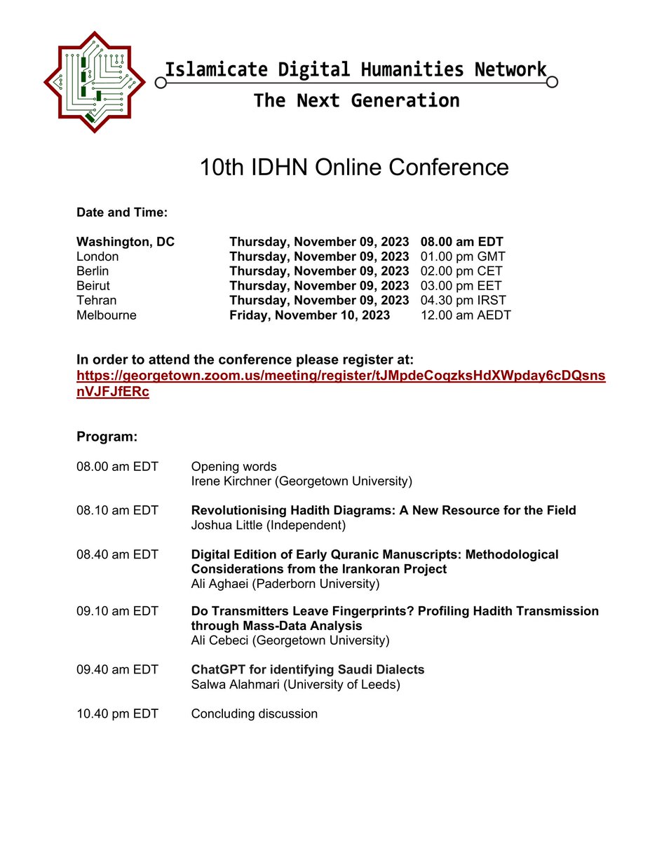 Do Transmitters leave fingerprints? Dr. Ali Cebeci (Georgetown University) will tell us about profiling Hadith transmission through Mass-Dara Analysis at our 10th IDHN conference on November 9th! Register here (it's free!): georgetown.zoom.us/meeting/regist…