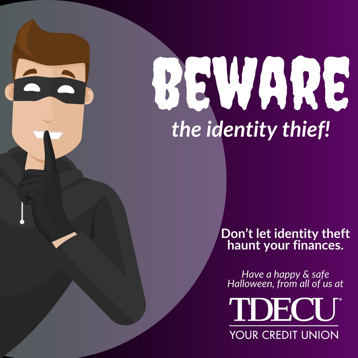 TDECU's tweet image. 🎃 👻 At TDECU, we offer the spook-tacular protection you need to keep your financial life safe from the shadows. 🦇🕵️‍♀️ Stay one step ahead of identity thieves with us!  bit.ly/3t4o645  #IdentityTheftProtection #HalloweenSafety