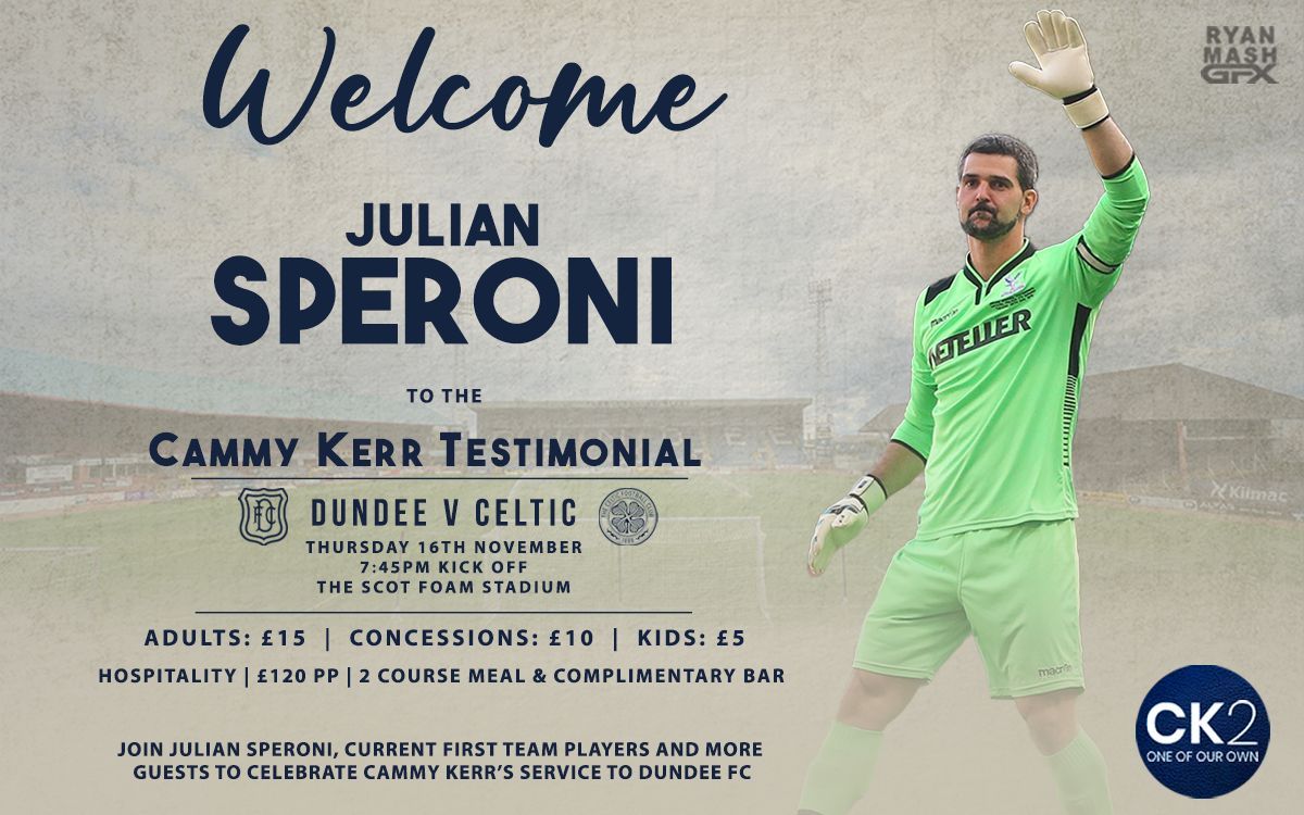 DundeeFC's tweet image. The first special guest who will be taking part in Cammy’s Testimonial Match is: JULIAN SPERONI!

Buy your tickets today online or from the ticket office.

Prices: 
Adults £15 
Concessions £10 
Kids £5 
buff.ly/3JVjDoK 

#thedee #ck2