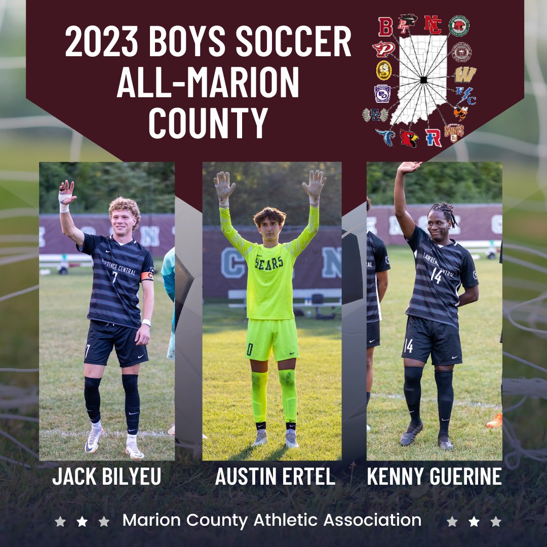 LCBearsSoccer's tweet photo. Congratulations to seniors Jack Bilyeu and Kenny Guerine and junior Austin Ertel on their selection to the 2023 All Marion County Boys Soccer Team.   

@LCHSBears 
@LCHSAthletics 
@LCHSBAC https://t.co/Wa1U0VS1UE