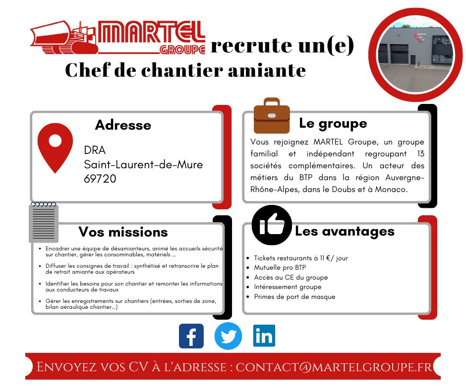 MARTEL Groupe recrute pour sa filiale DRA un(e) chef(fe) de chantier amiante.

Profil :
Etre force de proposition pour s’intégrer dans la dynamique d’amélioration continue de l’agence.
📩 Envoyez votre CV à : contact@martelgroupe.fr
📢 Poste à pourvoir dès que possible