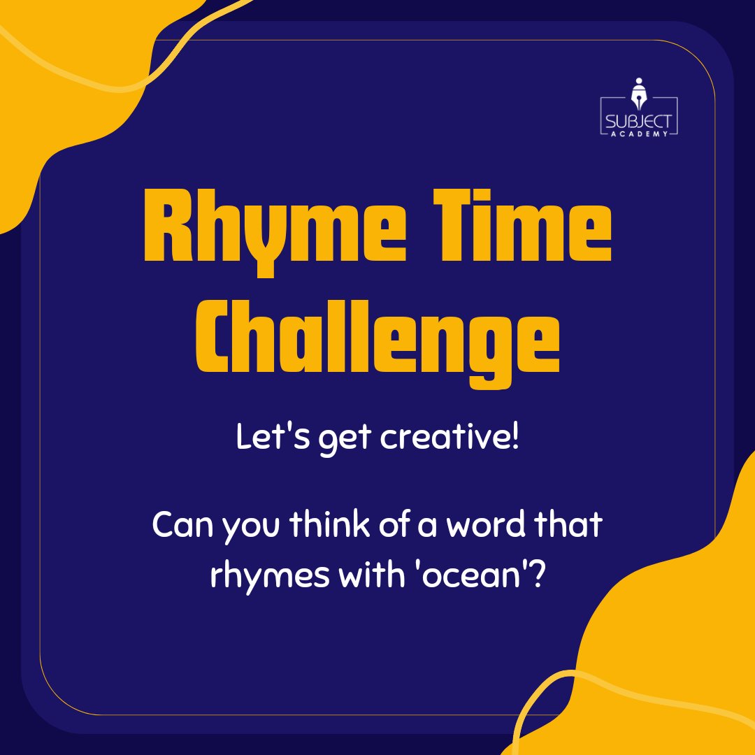 Time for some wordplay! Can you think of a word that rhymes with 'ocean'? Let your creativity flow and share your rhymes below!

#rhymetime #wordplaychallenge #rhymingwords #creativityunleashed #languagefun #oceanrhymes #challengeaccepted #wordgames #vocabularyboost #wordsmith