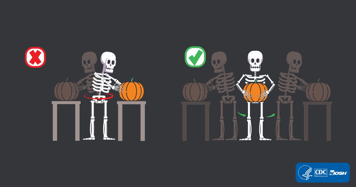 NIOSH's tweet photo. Lifting heavy objects doesn’t have to be scary! Whether you are lifting pumpkins or boxes at work, the proper lifting technique is important. This #Halloween, find resources to keep you safe while lifting: https://t.co/JSWj8ucGZu #ErgoMonth https://t.co/rQG03eWlbE