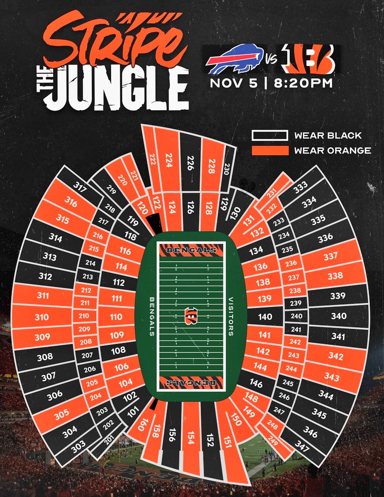 PSA to everyone going to the #Bengals vs. #Bills game on Sunday Night Football:

Wear the right color and let's Stripe The Jungle! 🟠⚫🐅 #WHODEY