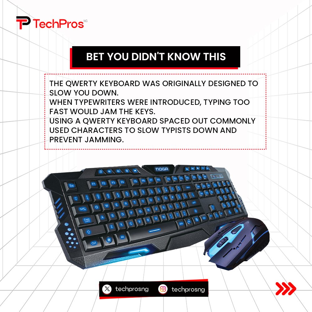 TechProsNaija's tweet image. 💡 Did you know? The QWERTY keyboard was actually designed to slow us down!⏳ Originally created for typewriters, it spaced out commonly used characters to prevent jamming. Slow and steady wins the race, right? 🐢🏆 

#TechProsNG #FunFact #QWERTYKeyboard #SlowAndSteady