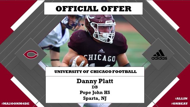 Danny Platt (@danny_platt28) on Twitter photo After a great phone call with @Coach_TaylorUC, I am blessed to receive an offer of admissions support from the prestigious University of Chicago! <a href="/UChicagoFB/">UChicago Football</a>
<a href="/PopeJohnLionsFB/">Lions Football</a> <a href="/CoachGaston_/">Dominique Gaston</a> <a href="/Coach_Cole47/">Cole Farrand</a> <a href="/rjcobbs/">Coach-Rj Cobbs</a> After a great phone call with @Coach_TaylorUC, I am blessed to receive an offer of admissions support from the prestigious University of Chicago! <a href="/UChicagoFB/">UChicago Football</a>
<a href="/PopeJohnLionsFB/">Lions Football</a> <a href="/CoachGaston_/">Dominique Gaston</a> <a href="/Coach_Cole47/">Cole Farrand</a> <a href="/rjcobbs/">Coach-Rj Cobbs</a>