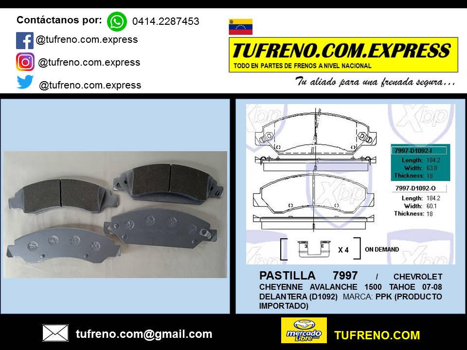 TUFRENO.COM.EXPRESS Tiene TU PASTILLA DE FRENOS 7997 CHEVROLET CHEYENNE AVALANCHE 1500 TAHOE 07-08 DEL (D1092) MARCA: PPK👍Una pieza fundamental para el funcionamiento de tu vehículo👊TUFRENO.COM.EXPRESS Te ofrece siempre será tu AliadoComercial para una frenada segura!