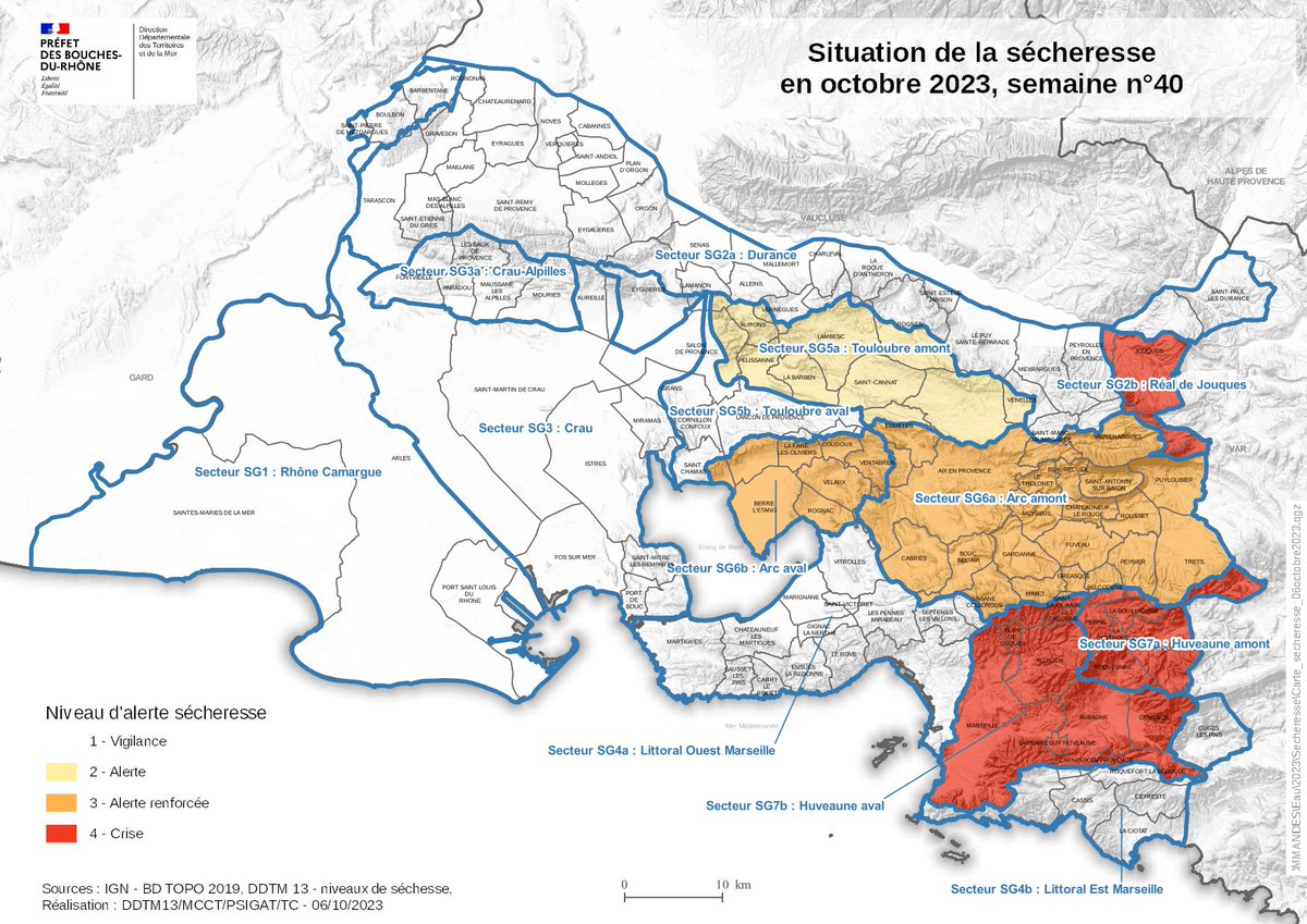 #Sécheresse | Les dernières précipitations dans le <a href="/departement13/">Département des Bouches-du-Rhône</a> n’ont pas eu d’effet durable sur l’état des ressources en eau.

🔴🟠🟡<a href="/Prefet13/">Préfet de la région Provence-Alpes-Côte d'Azur</a> a pris un arrêté qui maintient les mesures de restrictions en vigueur jusqu'au 15 novembre 2023 : bouches-du-rhone.gouv.fr/contenu/telech….